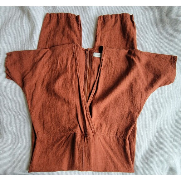 LOVE & CONFUSE Rust Brown Linen Jumpsuit Size S Surplice Back Zip Cropped Boho - Picture 1 of 9